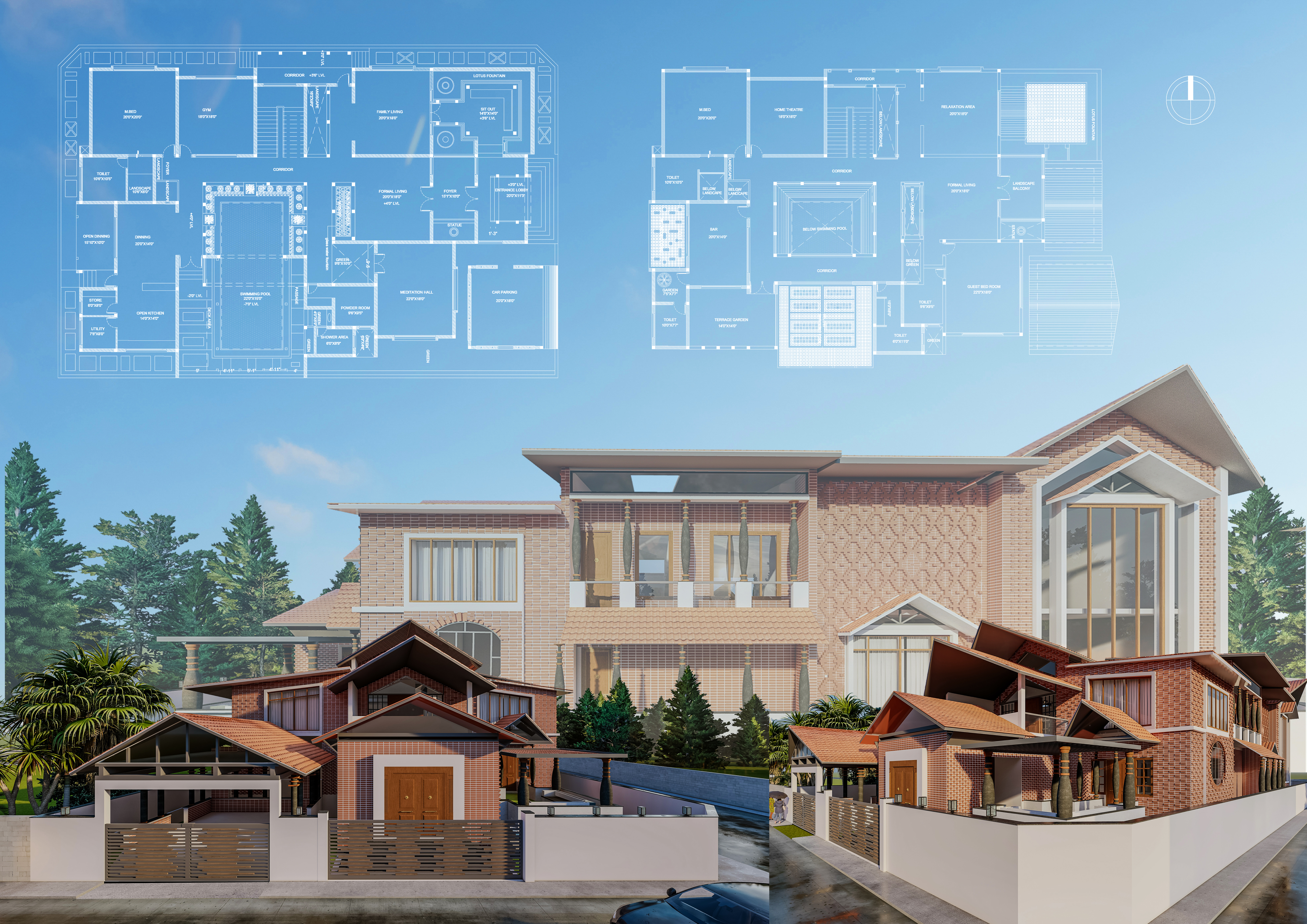 Elevations and views of the proposed farmhouse at Thirunelveli.