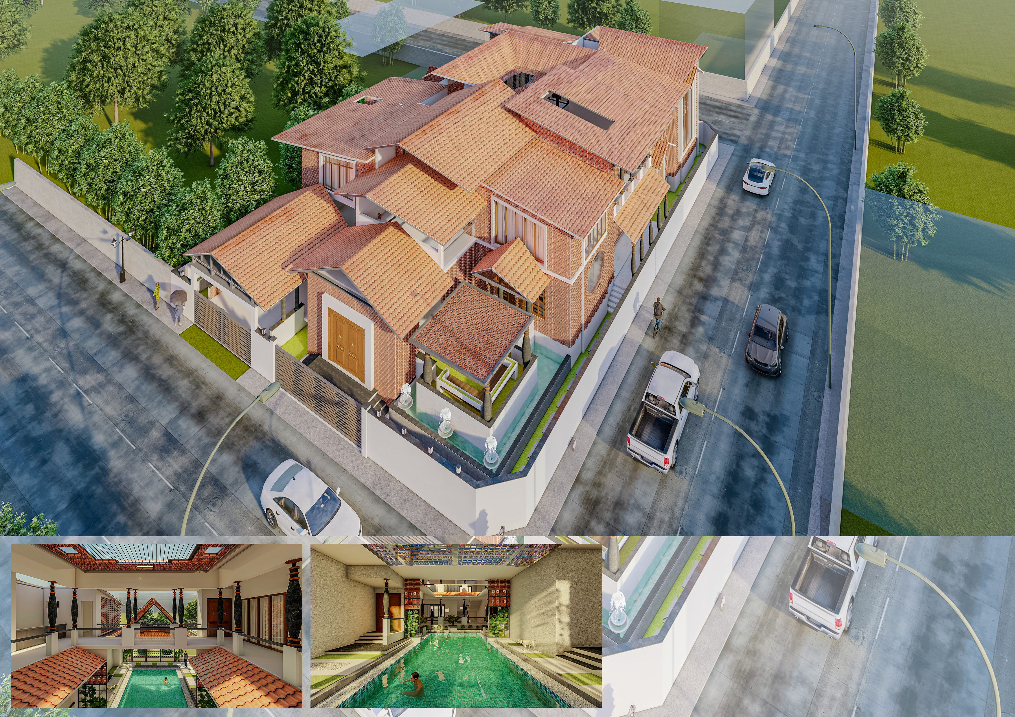 Aerial view of the proposed farmhouse at Thirunelveli, with interior views of the courtyard and swimming pool.